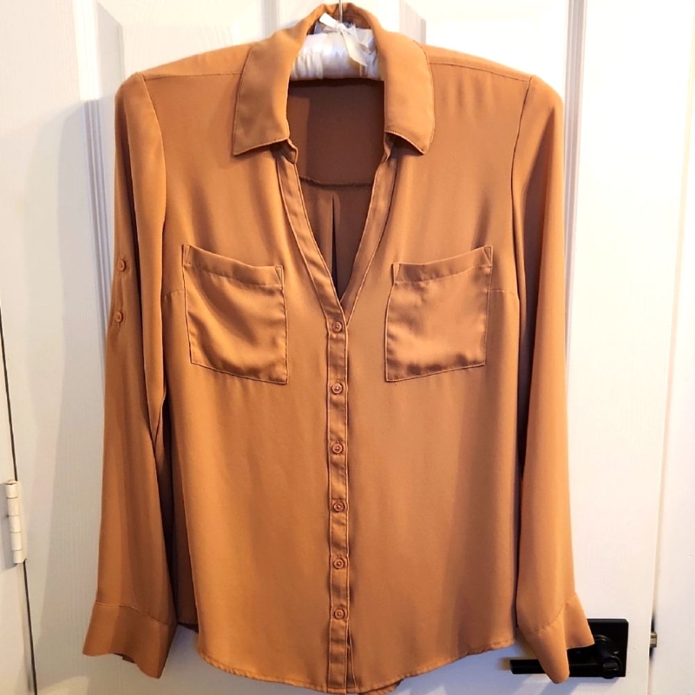 Express Camel Brown Button Down Shirt with Notched Collar